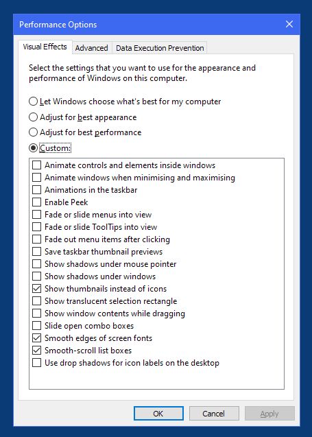 Untick everything except
Show thumbnails instead of icons
Smooth edges of screen fonts
Smooth-scroll list boxes
