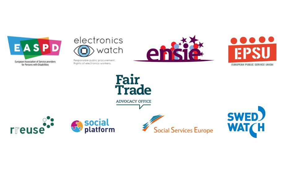 An image displaying the logos of several organizations, arranged in a grid. The organizations represented include EASPD (European Association of Service Providers for Persons with Disabilities), Electronics Watch (focused on responsible public procurement and rights of electronics workers), ENSIE (European Network of Social Integration Enterprises), EPSU (European Public Service Union), Fair Trade Advocacy Office, RREUSE (Reuse and Recycling Social Enterprises), Social Platform, Social Services Europe, and Swedwatch. Each logo is distinct, incorporating symbols, text, and various colors.
