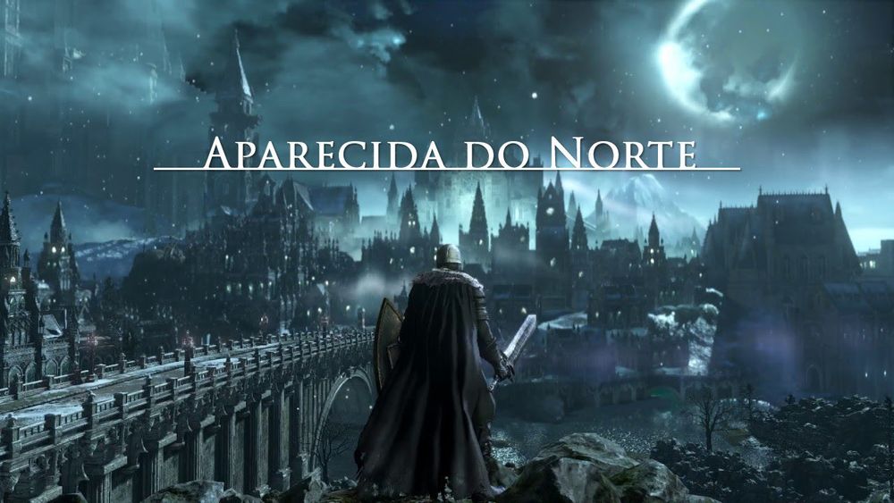 print de dark souls porém a cidade ao fundo toda fudida na penumbra é Aparecida do Norte 