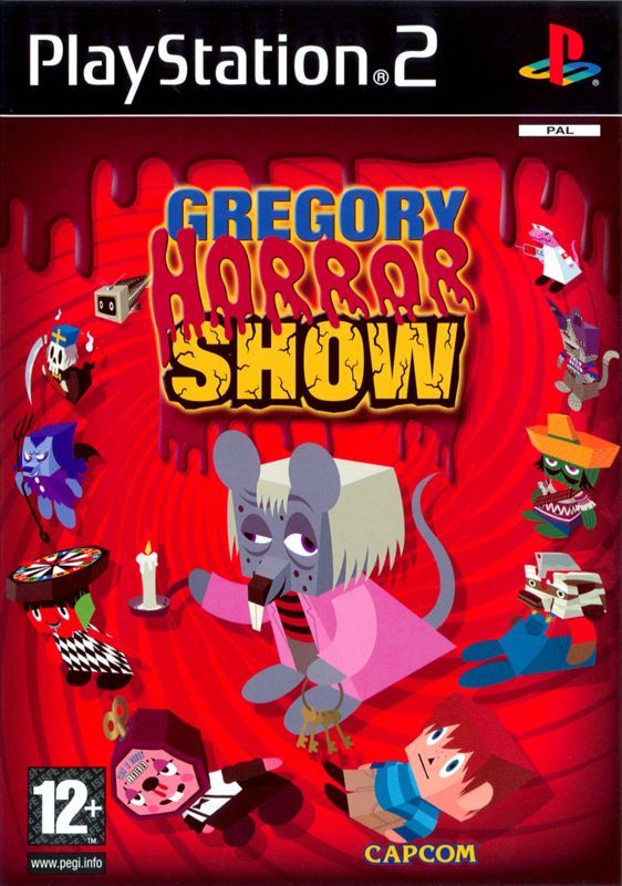 Cover of the PlayStation 2 game, Gregory Horror Show, showing cube-shaped characters circled around an old rat holding a candle and a chain of keys. 
