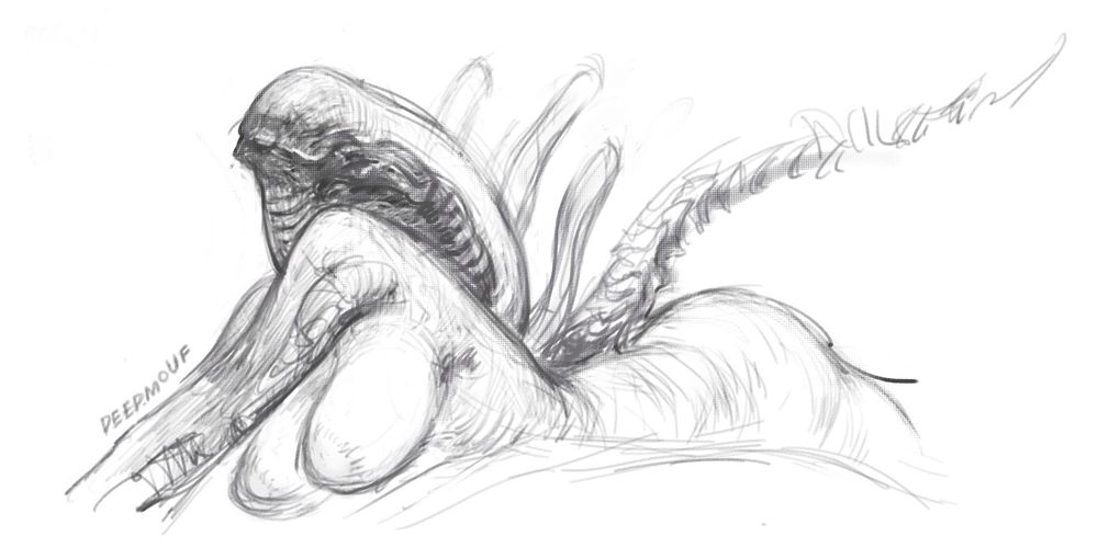 naked female figure with soft, voluptuous forms and the head, spine appendages and long tail of the xenomorph from the hit Ridley Scott movie Alien