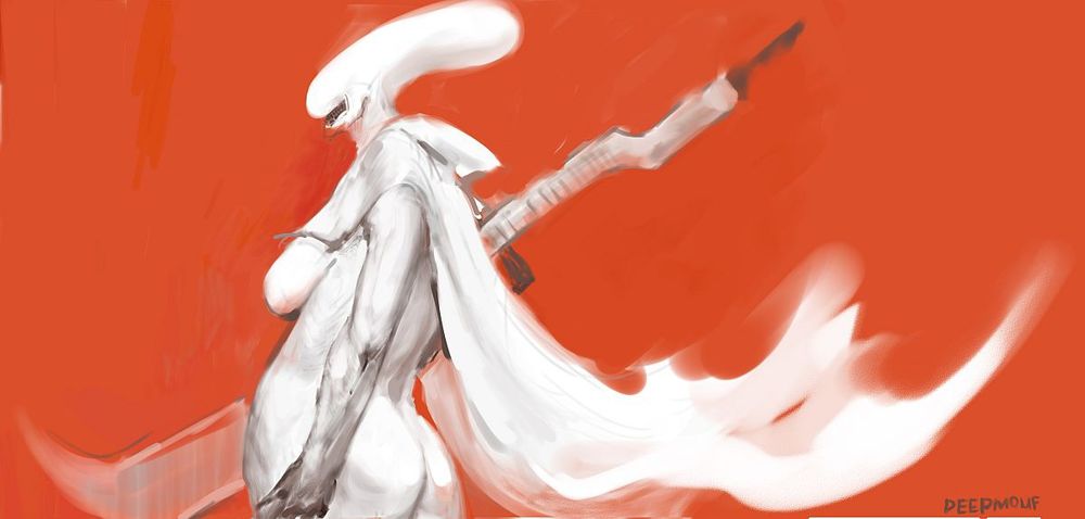 a white naked figure with a xenomorph head and some kind of weapon in their hands. sizeable boobs and a flowing cape
