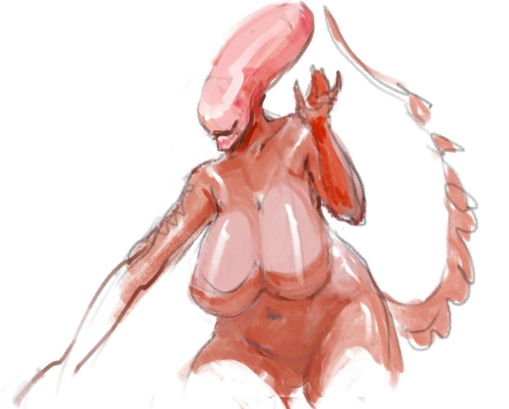a xenomorph with a curvy figure and a very big bust. it has glistening salmon-colored skin. looks like it's reaching forward for something, and there's the signature segmented tail going up behind it