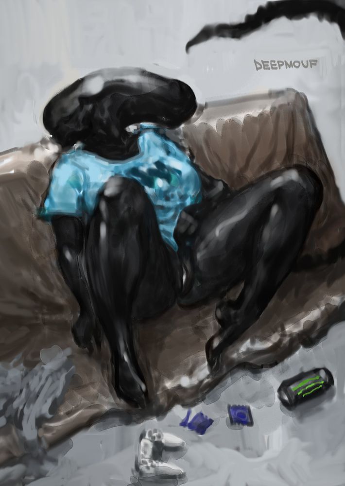 a voluptuous figure sits on something like a couch. the figure has jet-black shiny skin and a xenomorph head. they look to the side, their legs are up on the couch and slightly spread, showing a pussy. around the scene are scattered: a console controller, a Monster can, a condom in a wrapper and an empty condom wrapper. xeno has a t-shirt on with W written on it (for Weyland Yutani, presumably)