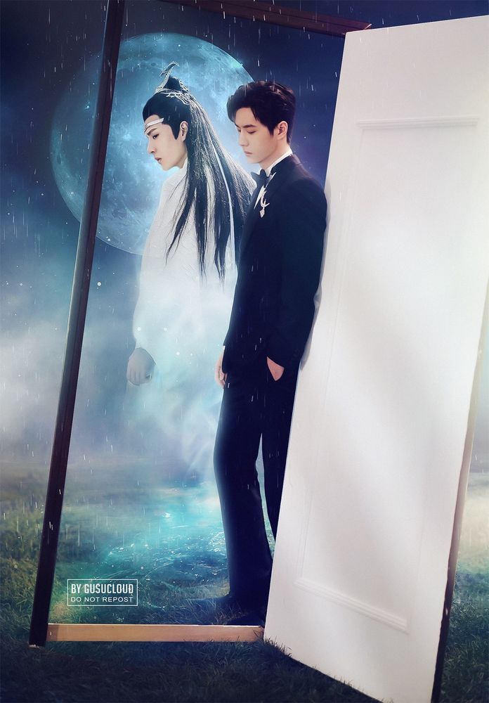 Fanart of photoshoot with Yibo in a black suit with diamond brooch of a drop dangling from a crescent leaning against a white door with an open frame in a grassy area and the specter of the moon and Lan Wangji dressed in white looking to his left