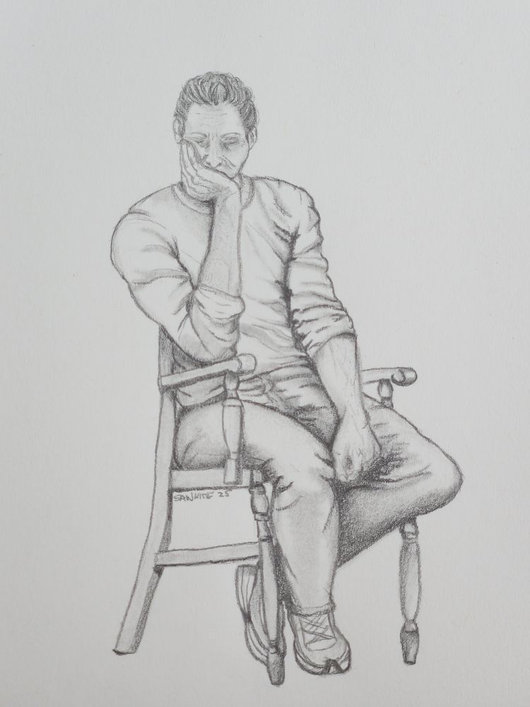 A pencil sketch of man sitting in a wooden chair with his elbow resting on the arm of the chair, face in hand and eyes closed. 