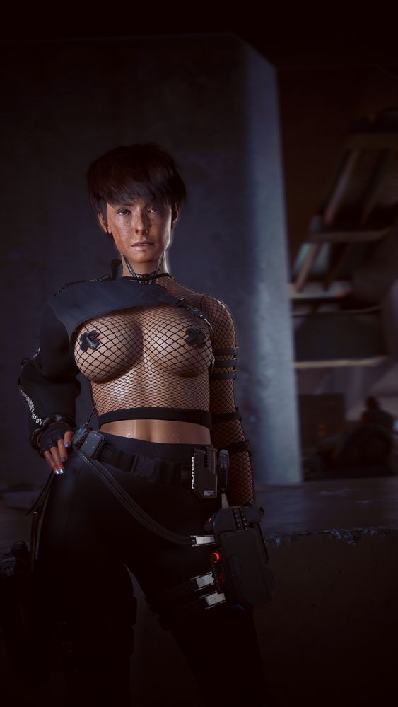 An unimpressed woman stands beneath a bridge. She wears a mesh top, pasties, a single sleeve, and some tights. She has various gadgets on her person, including a cyberdeck.