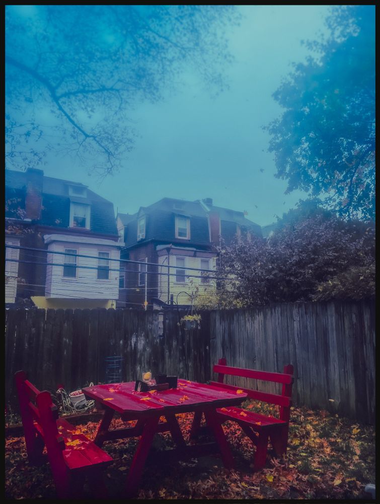 a back yard with a red picnic table