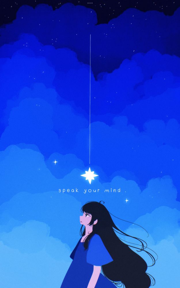 a long image with blue clouds and a bright star falling down to a person with long dark hair