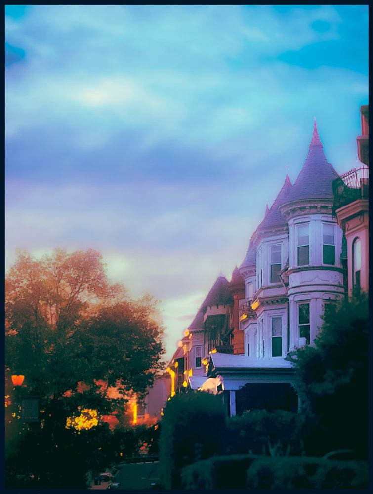 a house and a hazy sunset