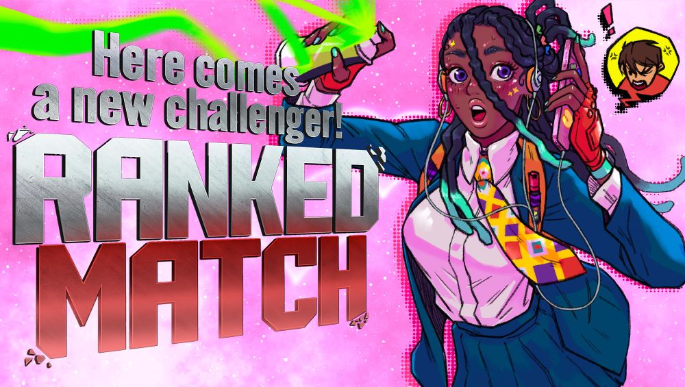 Kimberly from SF6 in the middle of making art getting an angry text from Guy-sensei with "Here comes a new challenger! Ranked Match" text overlay