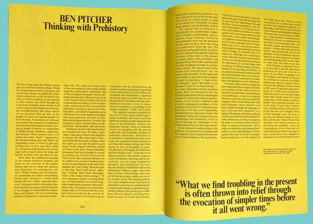 Black text on a yellow page - article 'Thinking with Prehistory'
