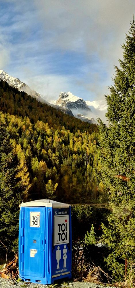 The photo shows a blue and white portable toilet in the middle of a forested mountain landscape in autumn colours in Switzerland.
