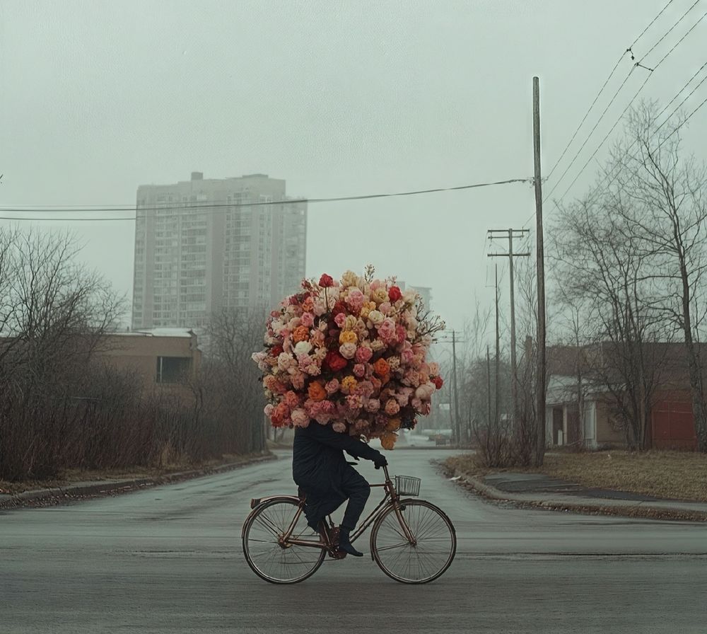 "Delivery Boy" by: Marco - quiet city street ..overcast & rainy weather ..man on a bike carrying a ginormous bunch of various flowers. 