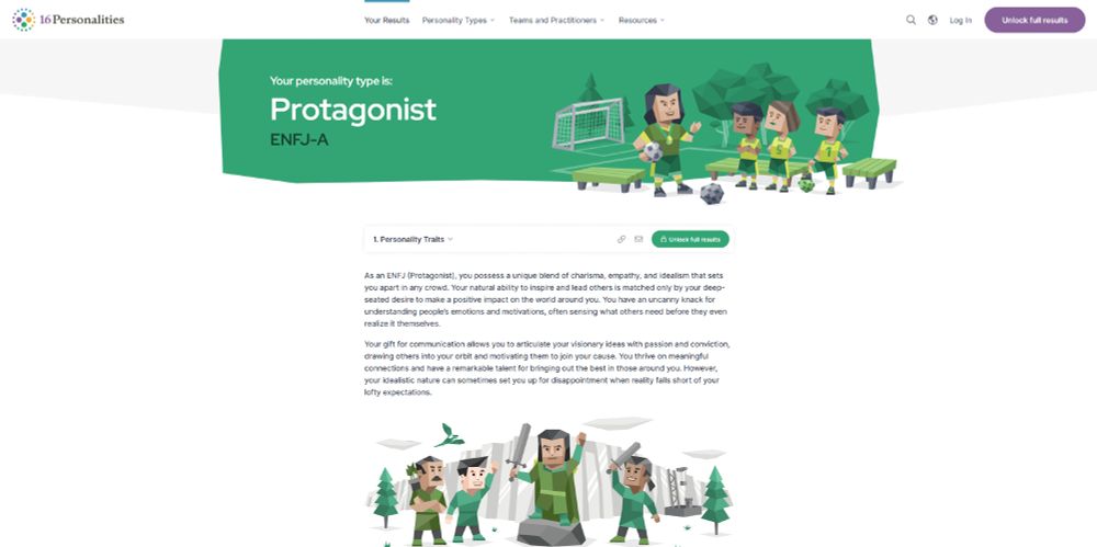 A personality test showing the results of "Protagonist (ENFJ-A)" on a 16 personalities test