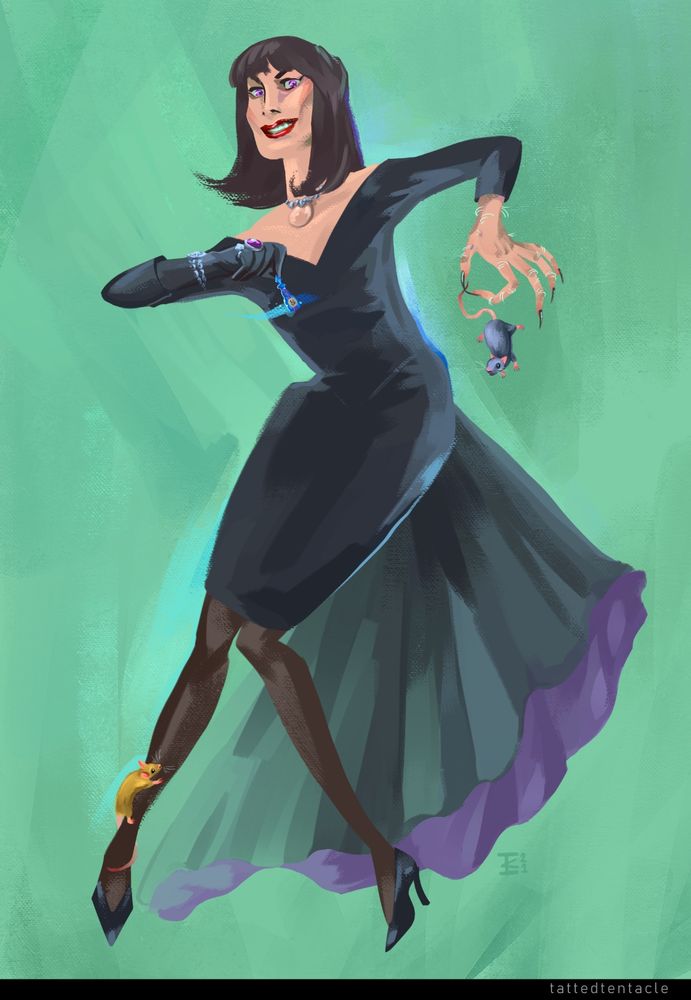 A digital illustration of the Grand High Witch from the 1990 movie “The Witches”. She’s holding a bottle of Formula 86 in her right hand and a grey mouse in her left. A brown mouse is climbing up her right leg unnoticed.