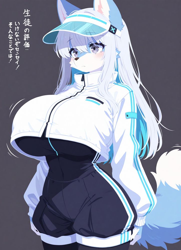 1girl,(wolf girl),(furry female),(snout:1.3),blue fur,wolf ears,ears up,wolf tail,fluffy fur,body fur,(gigantic breasts:1.2),curvy,narrow waist,thick thighs,silver hair,hime-cut,long hair,colored inner hair,hair over eyes,hair between eyes,silver eyes,long bangs,visor,high collar,undersized clothes,white jacket,black shirt,black shorts,puffy shorts,black pantyhose,expressionless,unemotional,motion lines,motion blur,motion trail,afterimage,gray background,looking ahead,from front,(digital art:1.1),(anime coloring),(kawaii),softy,(2D),(cute),furry,(two tone fur),(furry body),perfect body,detailed face,high quality,cute clothes,animal tail,animal ears,solo,masterpiece,((correct_anatomy)),pretty and cute,comical,simple,anime,anime style,smooth lineart,clean and smooth lineart,thin and precise outlines,soft shading,vibrant colors,thin lineart,beautiful lineart,beautiful eyelashes,Bright colors,Contour line,pale painting,gddw,(detailed_hands:1.5),flat color,no lineart,close-up,eye focus