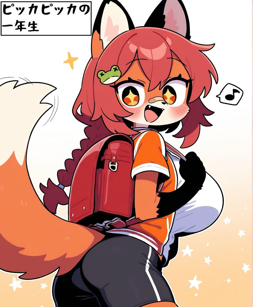 1girl, short size:1.2, loli, red fox girl, furry female, fur tuft, fluffy body fur, stand fur, thick fur, fox nose, snout, red fox ears, red fox tail, fluffy tail, fox paws, huge breasts, slim, bandaid on nose, red hair, long hair, low ponytail, single braid, frog hairclip, hair between eyes, orange eyes, tsurime, +_+, sparkle shaped eyes, jersey jackets, half-open jackets, white T-shirt, frog print T-shirt, orange colored half-sleeves, black bike shorts, taut shorts, latex bike shorts, smile, open mouth, fangs, spoken musical note, tail wagging, red randoseru, standing, motion lines, motion blur, motion trail, solo focus, green gradient background, star pattern background, light particles, sparkle aura, close up, face focus, looking back, from behind, pov, high contrast, stylized, kawaii, cute, softy, cel shading, cel rendering, 2D, furry, two tone fur, furry body, perfect body, detailed face, high quality, cute clothes, animal tail, animal ears, masterpiece, eductive demeanor, Sparkle shaped eyes, Sparkle shaped pupils, correct_anatomy, close-up, eye focus, sparkle, star (symbol), gddw, lolitaaa, girl, small body, short girl, petite, very short, tiny, cute, no lines, simple style, vibrant colors, good light, paint style