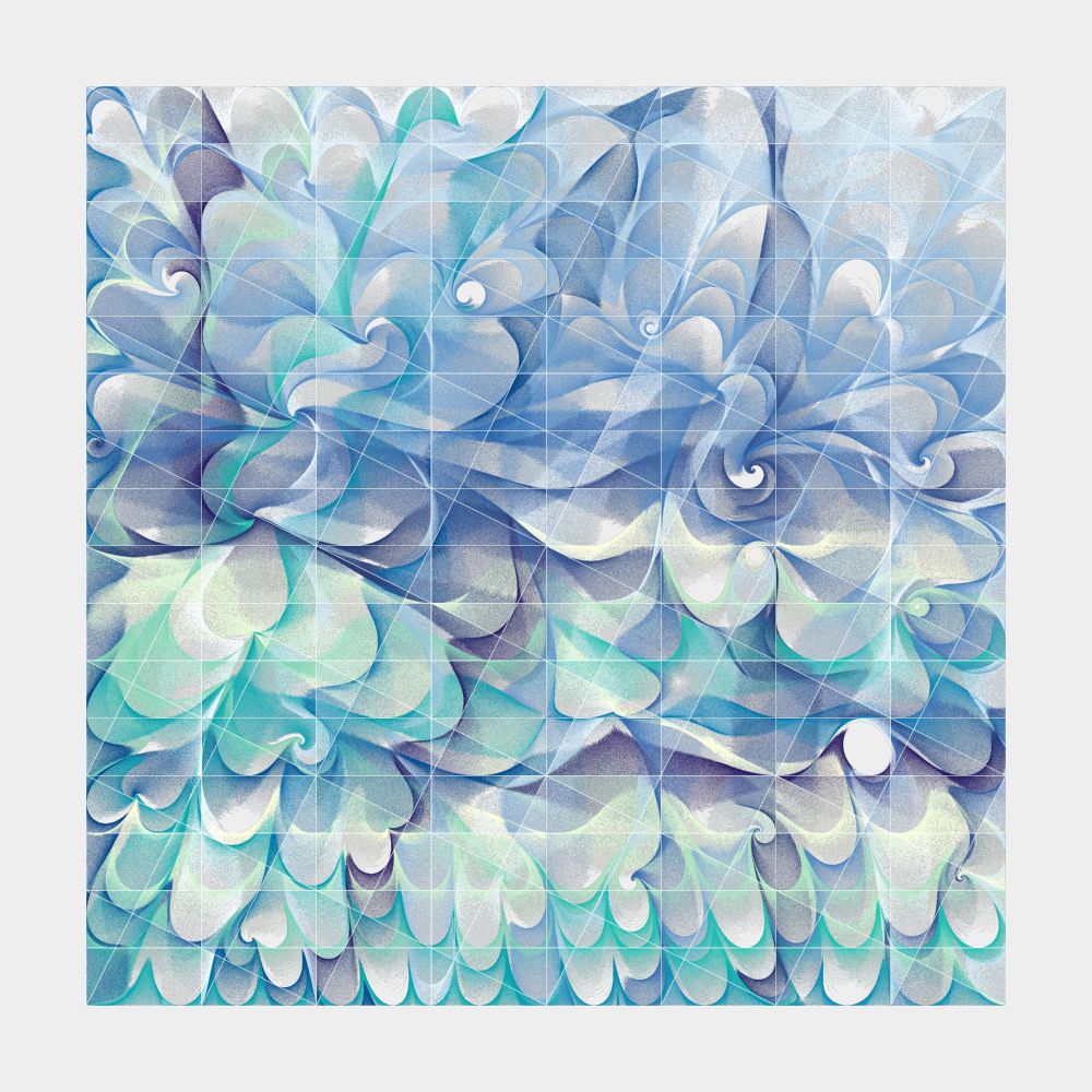A flow field in blue and white with a white grid overlaid