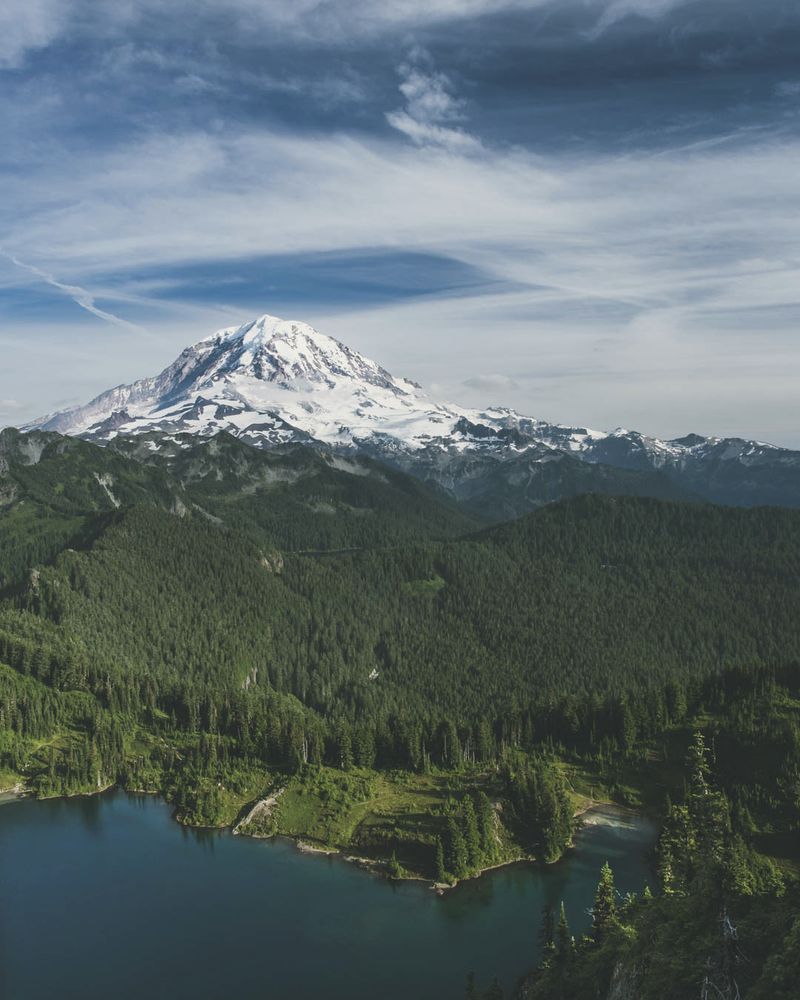 A landscape photograph featuring Eunice Lake with Mount Rainer in the background