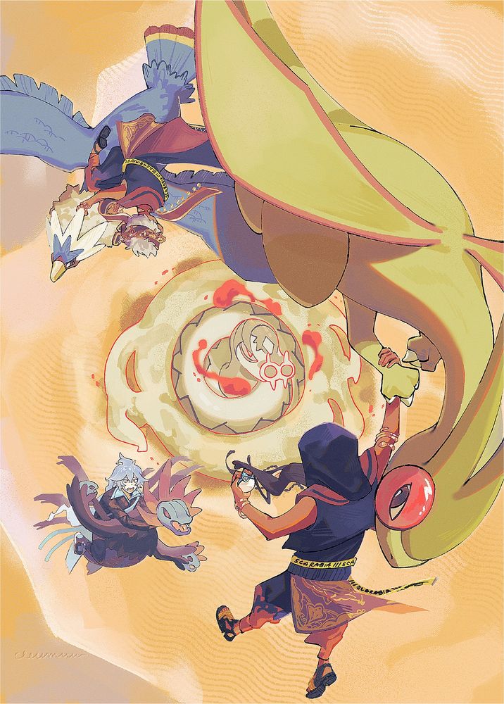 My full illustration work for a zine project on twitter, a pokemon and twisted wonderland crossover. Characters included in the piece are Jamil Viper with Flygon, Kalim Al Asim with a shiny Braviary, Idia Shroud with Hydreigon, all are in the air as they try to determine the situation with a Gigantamax Sandaconda in the desert.