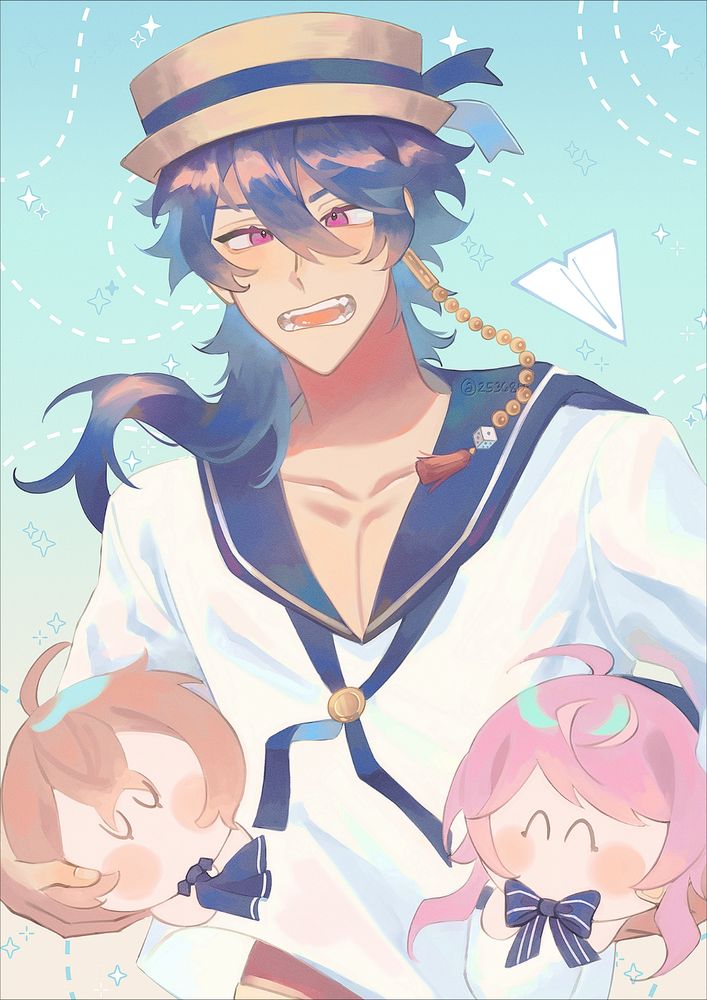 Fanart of Fling Posse from Hypnosis Microphone from their new recent collab with sweets paradise with a theme of cute marine outfits