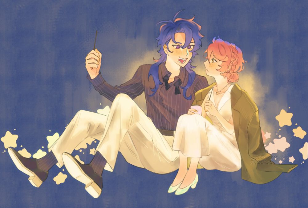 Drawing of Dice Arisugawa from Hypnosis Microphone and my hypmic sona Haruka on late night esque date
