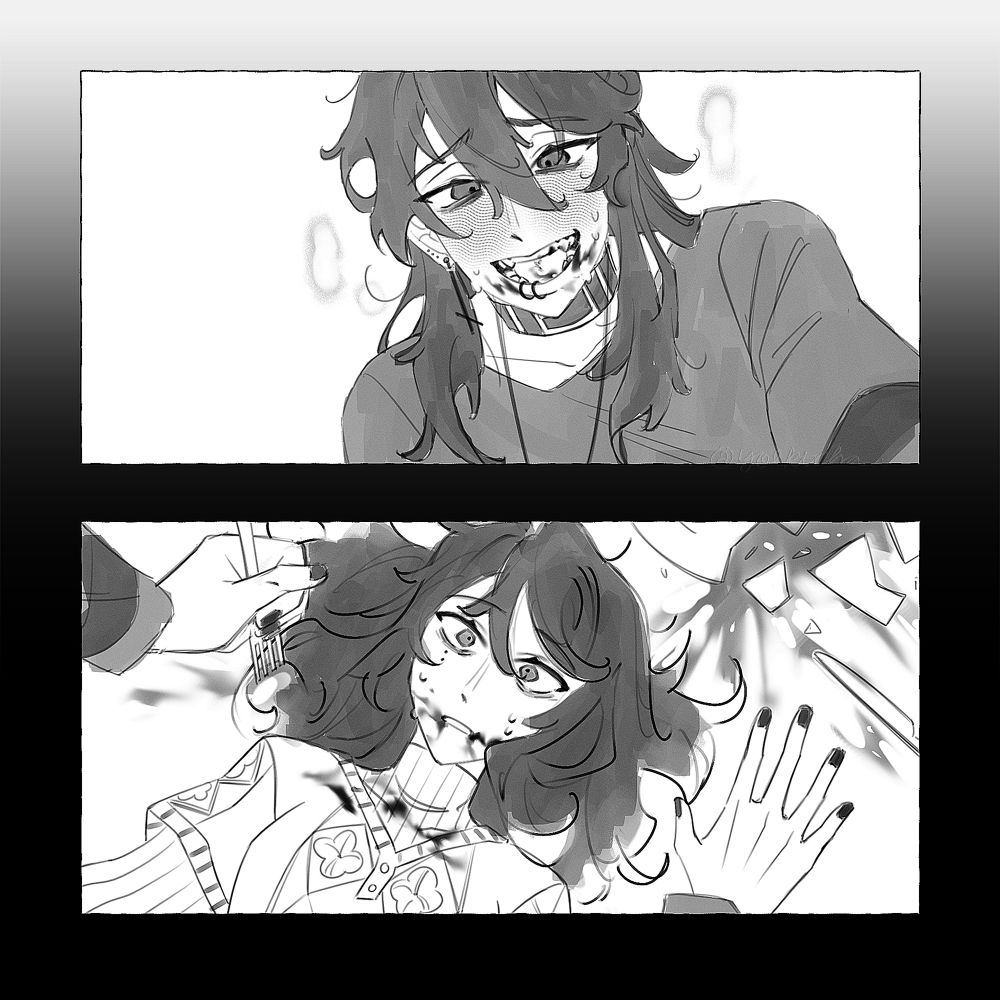 doodle of sol from the kid at the back (tkatb) and my tkatb sona Astrid with implied blood/food stains on their mouths/lips. Sol being on top of Astrid to trap her under him while there being a broken plate with the content spilled on the floor and a knife to imply the blood on their lips could be also the food.