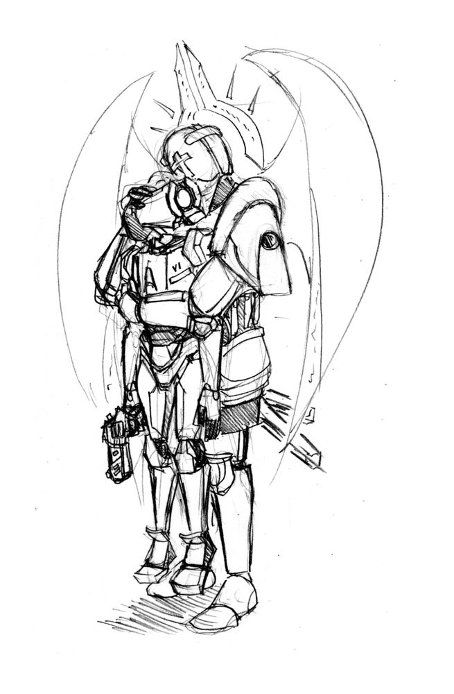 This is a picture of two characters from the Ultrakill game. It shows Gabriel, the archangel, holding the war-machine V1 against him, his head tilted against its head. V1 has a gun in its right hand, but its body is slack, its feet even dangling from where it is because it is shorter than Gabriel. There is no hostility seen from V1's body language - it is likely clueless on what to make of this intimate hug from Gabriel.