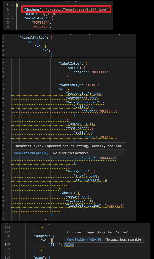 Image of schema validation errors of a Power BI custom report theme: incorrect type in the * > * definition and an illegal type of a "shapes" [sic] property.