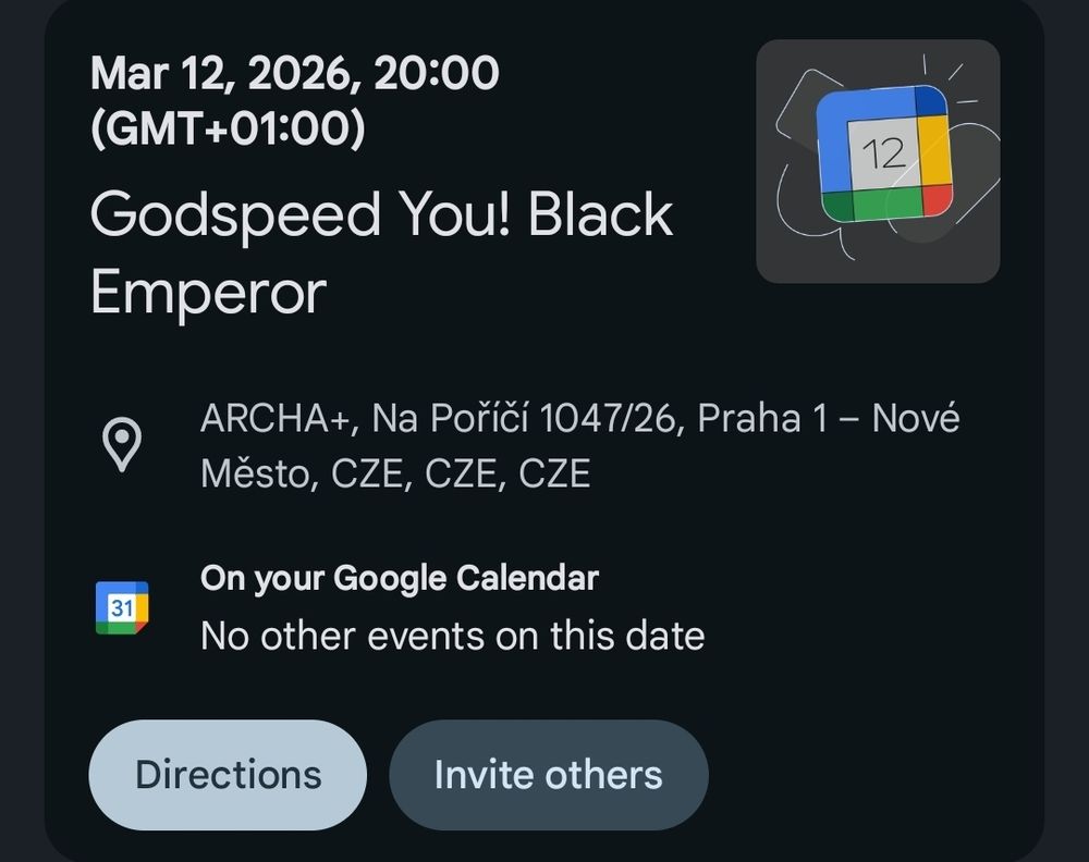 Screenshot of an email confirmation after purchasing tickets for Godspeed You! Black Emperor concert scheduled for March 2026