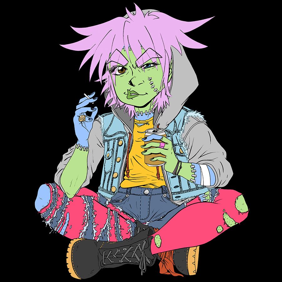 Zushie sitting on the floor with a beer can and a cigarette in the other hand