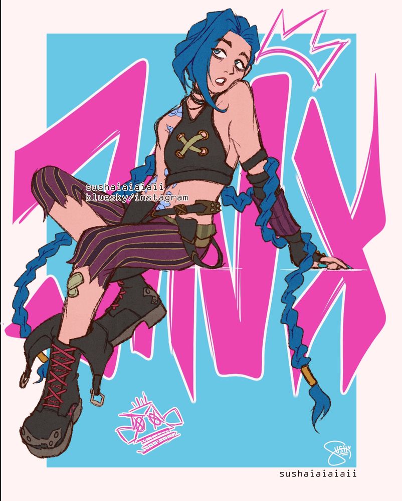jinx from arcane, sat on an invisible source. one of her braids is wrapped around her left arm. behind her is her name written in large pink lettering, with a scribbed monkey beneath it, and a scribbled crown above the “N”
