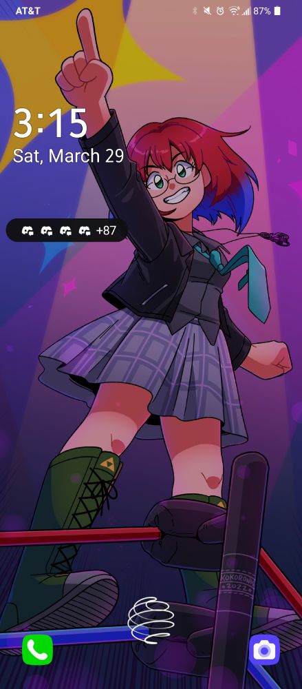 Phone lock screen, featuring an original character girl pointing on the middle rope of a wrestling ring at something out in the distance. 