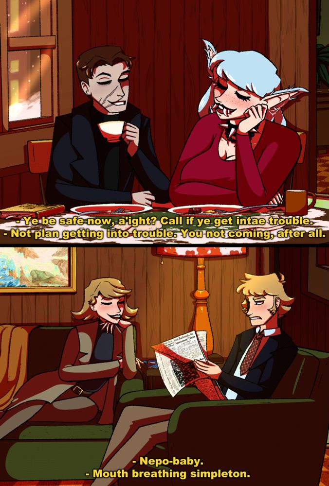 A two panel comic. First panel is a Soviet man talking with a silver haired lycan woman. She's telling him to be safe and call if he gets into trouble. He's saying he won't get into trouble because he's not bringing her. 
The second panel is a French twink and a British man talking. The twink is calling him a nepo baby while the Brit calls him a mouth breathing simpleton. 