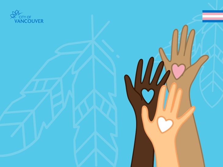Image of three hands with different skin tones and hearts in their centres. Transgender flag shown in blue, white and pink.