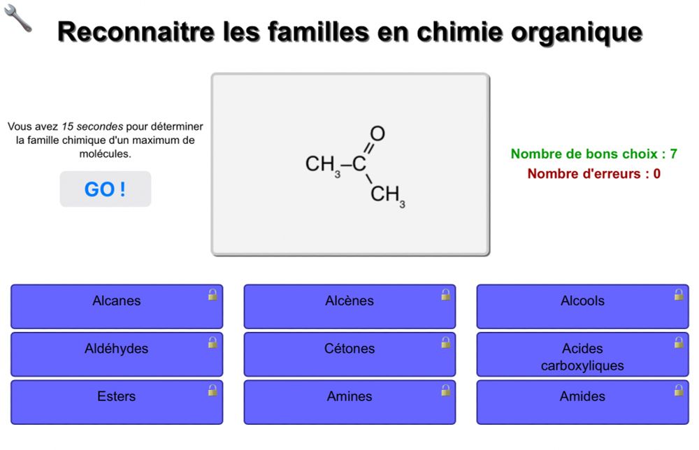 Copie d’écran du jeu Reconnaître les familles en chimie organique.