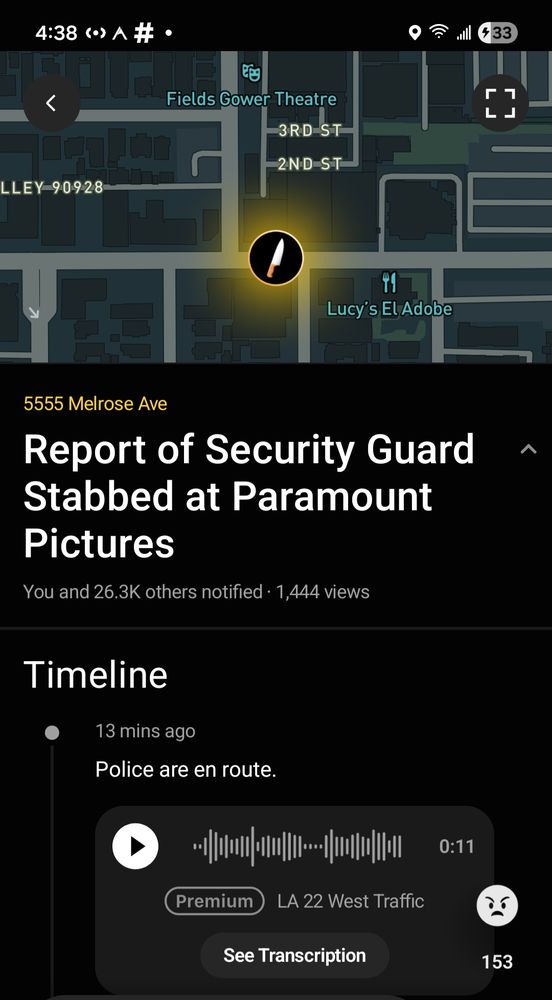 Screenshot of Citizen app with the headline "Report of Security Guard Stabbed at Paramount Pictures." Included is a map of Hollywood and the location of the attack on the Paramount Pictures complex and the update that police are en route.