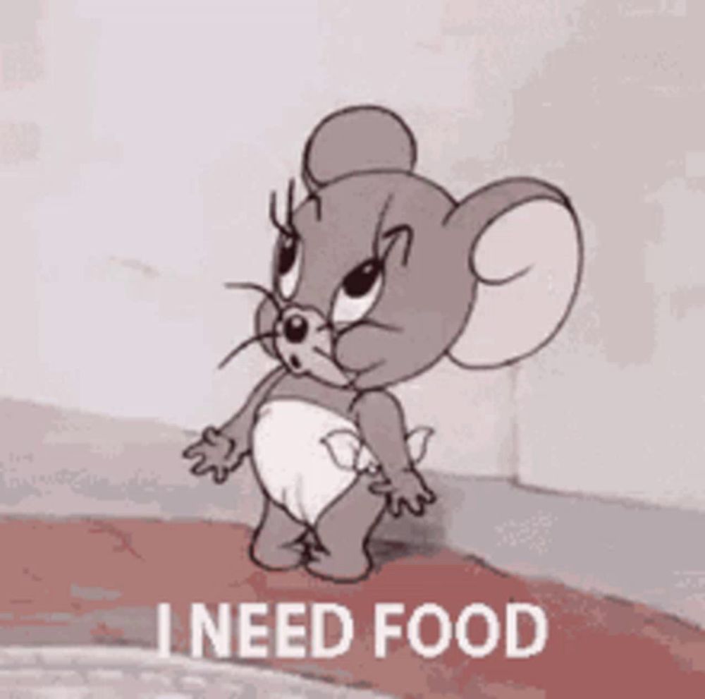 a cartoon mouse in a diaper is standing next to a wall and says `` i need food '' .