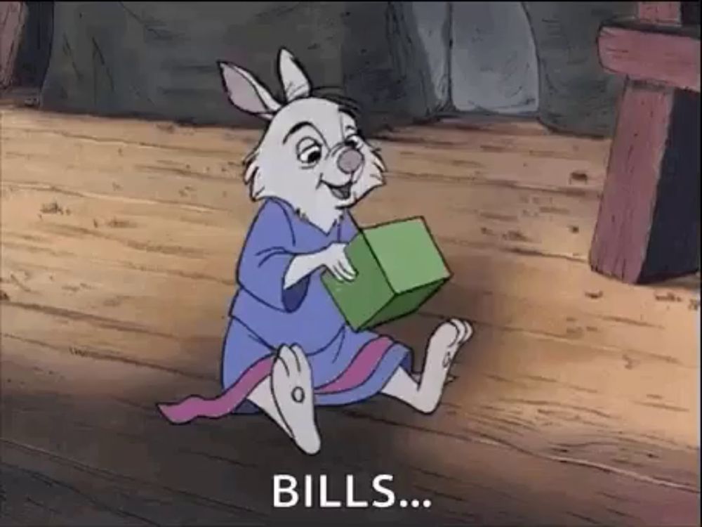 a cartoon rabbit is sitting on a wooden floor holding a green box and saying bills .