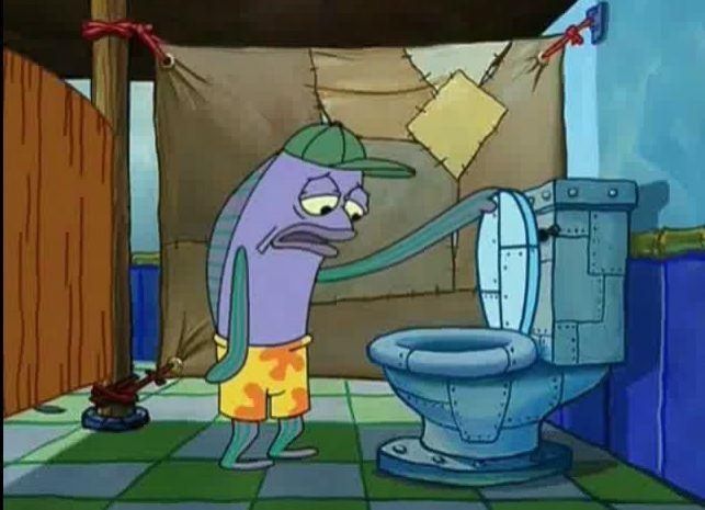 screenshot of the scene in a spongebob squarepants episode where a guy discovers spongebob hiding in the toilet and responds by saying "oh thats real nice"