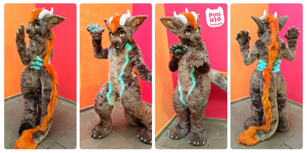 A full body, digitigrade fursuit of a brownish gray dragon with a long tail.