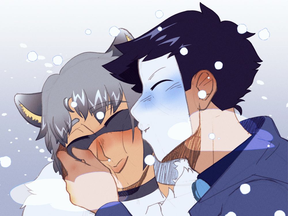 Digital coloured sketch of a masked person kissing the cheek of a kemonomimi's raccoon. The setting is snowy and cold, while the colours are soft and pastel-like. 