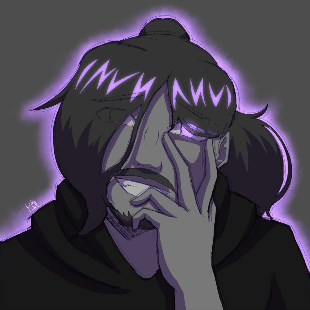 A digital artwork of a man. He has long dark hair, a moustache and a goatee, a hand on his face with an unsettling smile. The artwork itself is made of shades of gray, besides a light purple used for the hair highlights and the eyes, which are glowing. There's also an "aura" glow around the man, which is the same shade of colour.