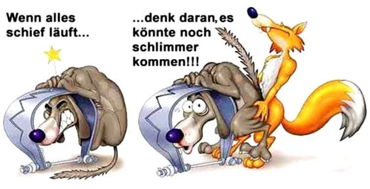 Karrikatur
1. Bild: ein Wolf, gefangen in einer Falle mit Text: "Wenn alles schief läuft .... "
2. Bild recht daneben: Der Wolf in der Falle wird von von hinten von einem Fuchs "bearbeitet".
Text: "... der daran, es könnte noch schlimmer kommen!" 