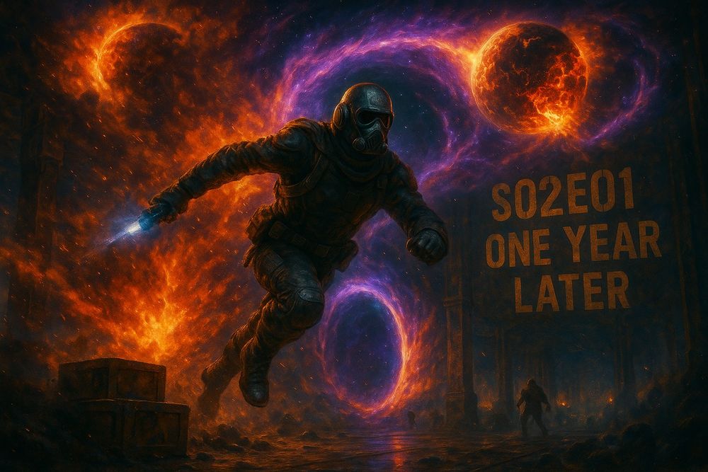 Masked rebel operative in tactical gear leaps over crates inside a dark industrial compound, surrounded by fiery explosions and swirling purple-red nebula waves. A glowing nebula portal and an erupting planet blaze in the background, with ‘S02E01 – One Year Later’ stenciled onto a metal wall.