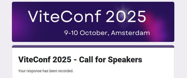 Confirmation message for ViteConf 2025 Call for Speakers submission, showing the event date October 9–10 in Amsterdam
