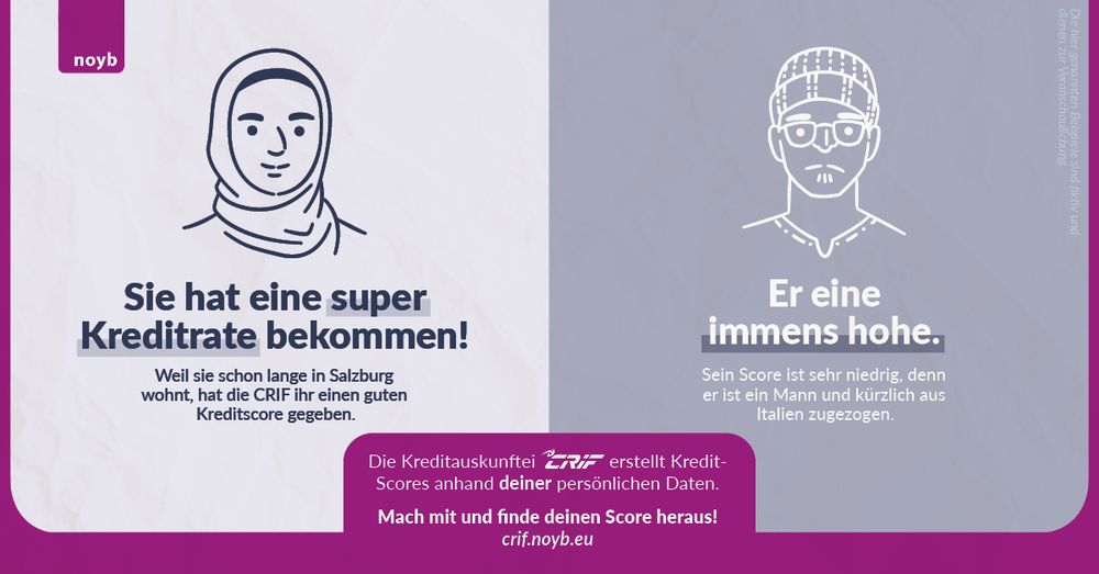 Links ist eine lächelnde Frau mit Hijab. Darunter steht: "Sie hat eine super Kreditrate bekommen! Weil sie schon lange in Salzburg wohnt, hat die CRIF ihr einen guten Kreditscore gegeben." Rechts ist ein trauriger Mann mit Bart und Brille. Darunter steht: "Er hat eine hohe Kreditrate bekommen. Sein 