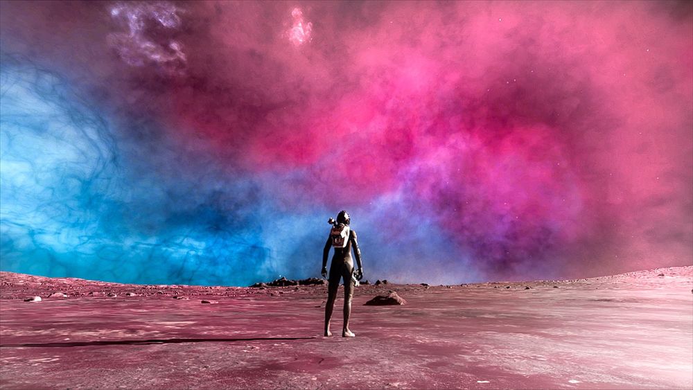 A screenshot from the magnificent computer game Elite Dangerous, showing a player's character wearing an EVA suit, standing on the surface of an alien planet looking up into the sky. The sky is a brilliant mixture of blue, purple, and pink, matching the color of the bisexual pride flag.