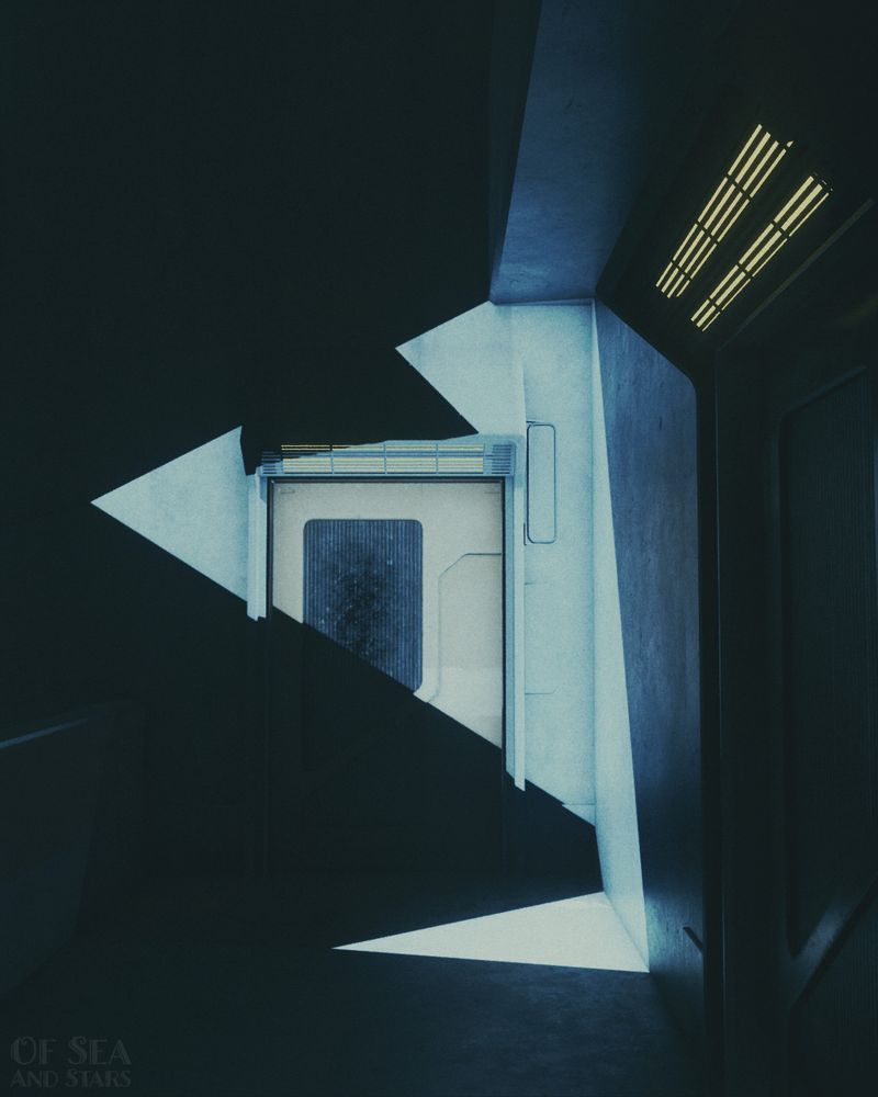 A photo from Cyberpunk 2077 showing a white, metal door partially obscured by a strange geometric shadow.
